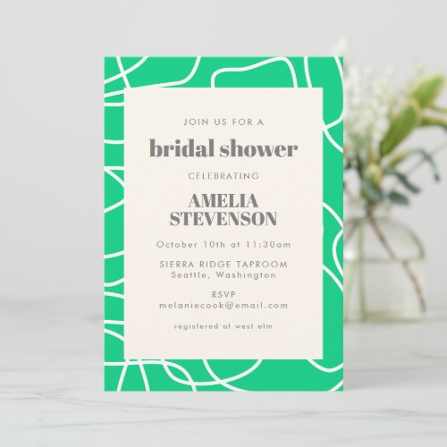 Chic Abstract Modern Line Art Green Bridal Shower Invitation