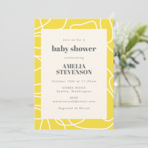 Chic Abstract Modern Line Art Yellow Baby Shower Invitation