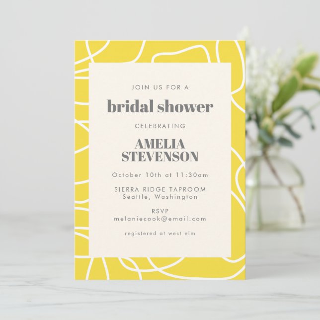 Chic Abstract Modern Line Art Yellow Bridal Shower Invitation (Standing Front)