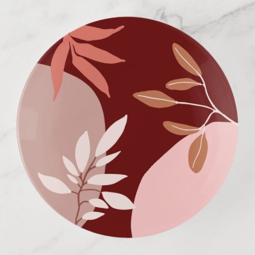 Chic Abstract Shapes Simple Leaves Burgundy Cream Trinket Tray