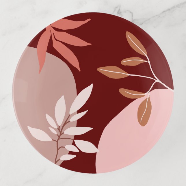 Chic Abstract Shapes Simple Leaves Burgundy Cream Trinket Tray (Front)