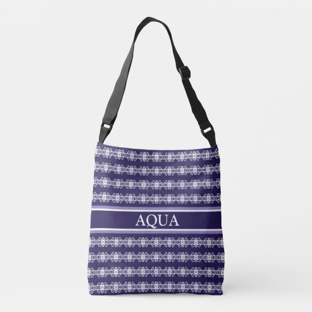 Chic abstract striped pattern in blue & white crossbody bag (Back)