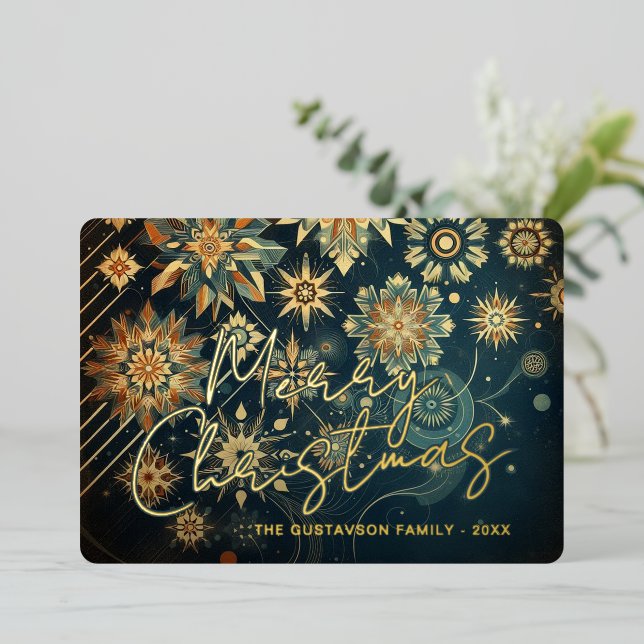 Chic Abstract Teal Blue Snowflake Floral Art Gold Foil Holiday Card (Standing Front)