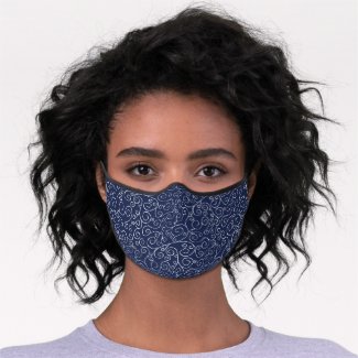 Chic Abstract White Scrolling Curves on Navy Premium Face Mask