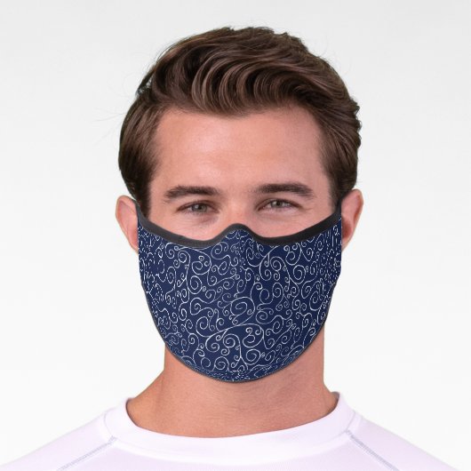 Chic Abstract White Scrolling Curves on Navy Premium Face Mask (Worn)