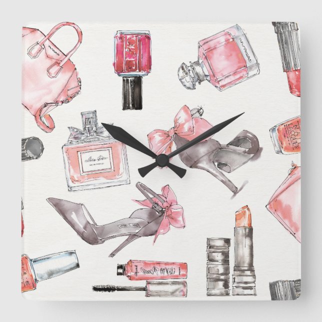 Chic Accents | Watercolor Fashion Square Wall Clock (Front)
