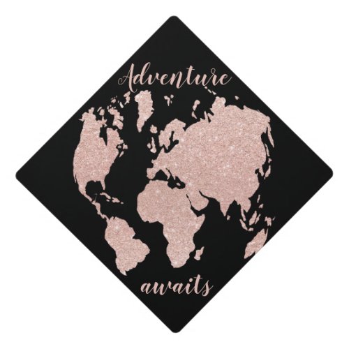 Chic adventure awaits rose gold glitter world map graduation cap topper