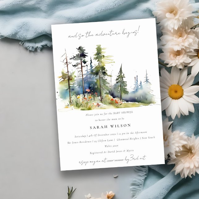Chic Adventure Begin Pine Forest Baby Shower Invitation (Creator Uploaded)
