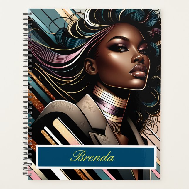 Chic African American Woman Personalized Planner (Front)