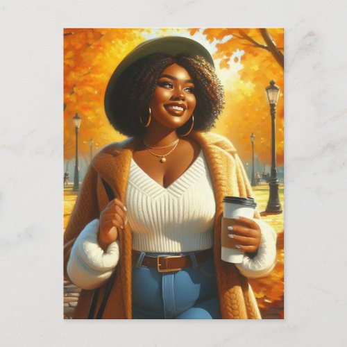 Chic African American Woman Thanksgiving  Fall Postcard