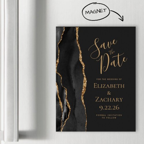 Chic Agate Black Gold Dark Magnetic Save the Date