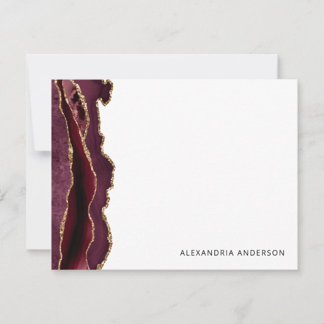 Chic Agate Burgundy Red Gold Glitter Marble Geode Note Card (Front)