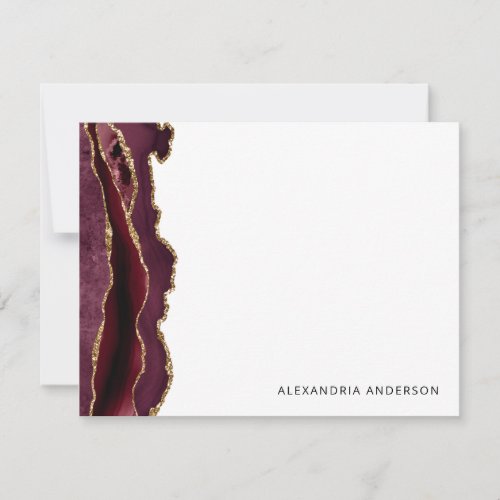 Chic Agate Burgundy Red Gold Glitter Marble Geode Note Card