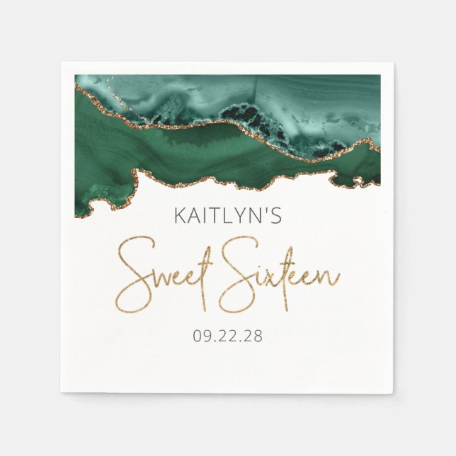 Chic Agate Emerald Green Gold Sweet 16 Birthday Napkins (Front)