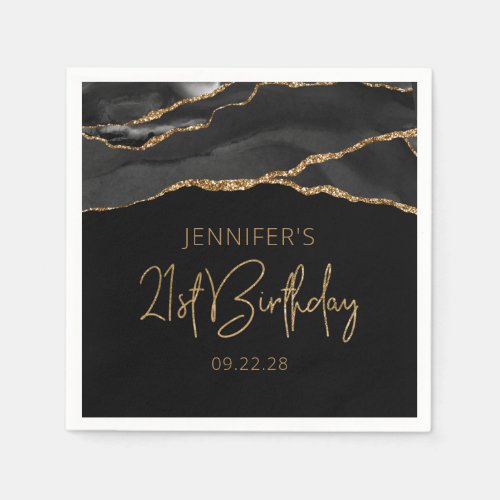 Chic Agate Geode Black Gold 21st Birthday Party Napkins