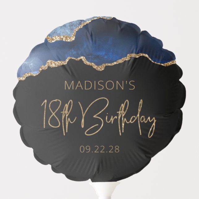 Chic Agate Geode Blue Gold 18th Birthday Party Balloon (Front)