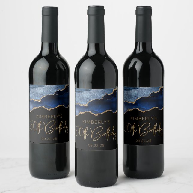 Chic Agate Geode Blue Gold 50th Birthday Party Wine Label (Bottles)