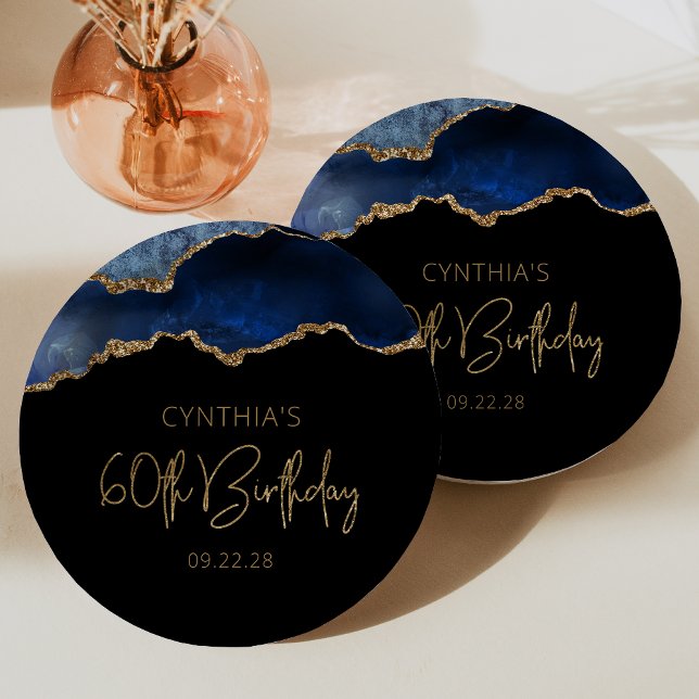 Chic Agate Geode Blue Gold 60th Birthday Party Paper Plates (Creator Uploaded)
