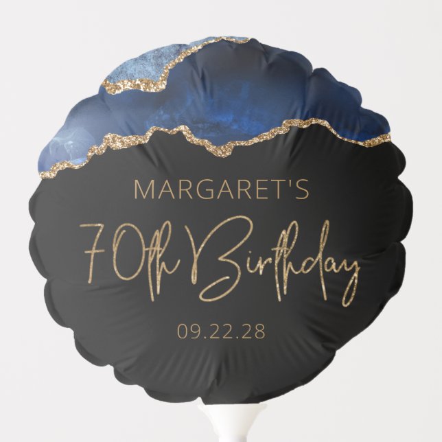 Chic Agate Geode Blue Gold 70th Birthday Party Balloon (Front)