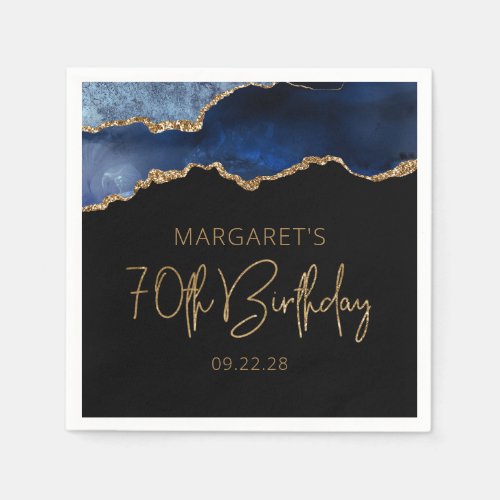 Chic Agate Geode Blue Gold 70th Birthday Party Napkins