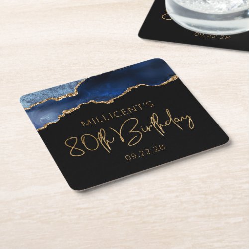 Chic Agate Geode Blue Gold 80th Birthday Party Square Paper Coaster