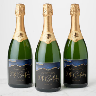 Chic Agate Geode Blue Gold 90th Birthday Party Sparkling Wine Label