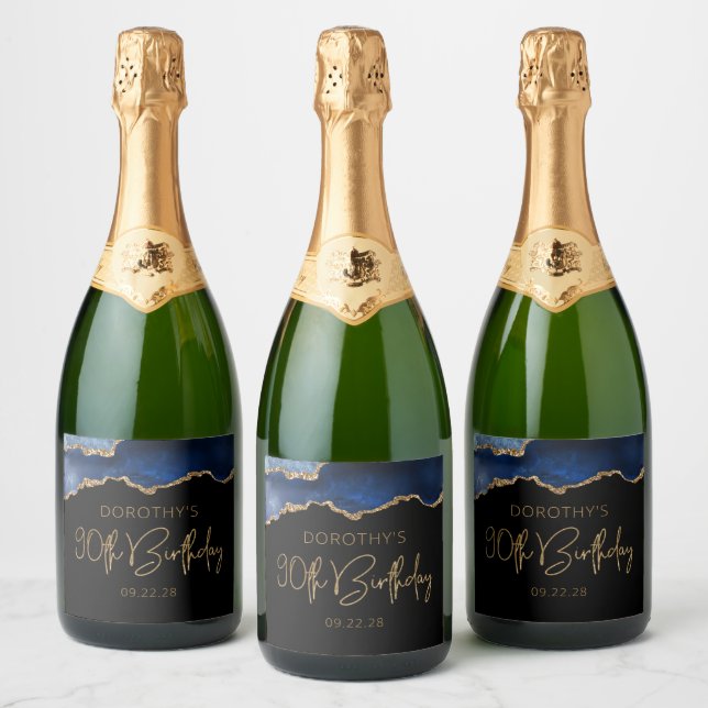 Chic Agate Geode Blue Gold 90th Birthday Party Sparkling Wine Label (Bottles)