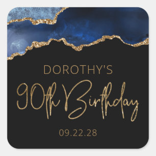 Chic Agate Geode Blue Gold 90th Birthday Party Square Sticker