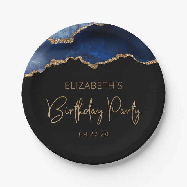 Chic Agate Geode Blue Gold Birthday Party Paper Plates (Front)