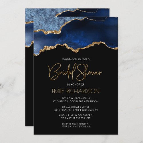 Chic Agate Geode Blue Gold Bridal Shower Invitation