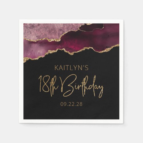 Chic Agate Geode Burgundy Gold 18th Birthday Party Napkins