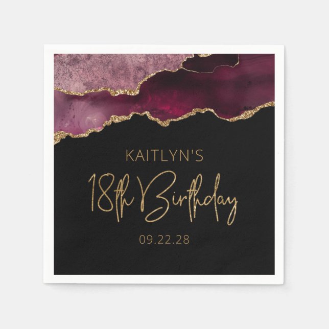 Chic Agate Geode Burgundy Gold 18th Birthday Party Napkins (Front)