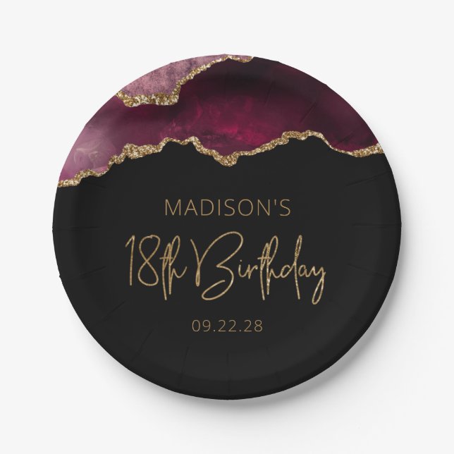 Chic Agate Geode Burgundy Gold 18th Birthday Party Paper Plates (Front)