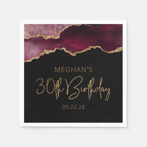 Chic Agate Geode Burgundy Gold 30th Birthday Party Napkins