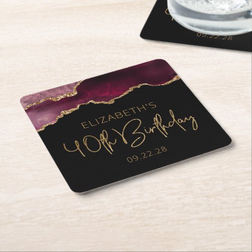 Chic Agate Geode Burgundy Gold 40th Birthday Party Square Paper Coaster