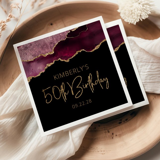 Chic Agate Geode Burgundy Gold 50th Birthday Napkins (Creator Uploaded)