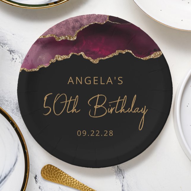 Chic Agate Geode Burgundy Gold 50th Birthday Party Paper Plates (Creator Uploaded)