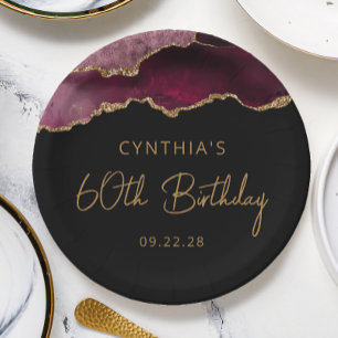 Chic Agate Geode Burgundy Gold 60th Birthday Party Paper Plates