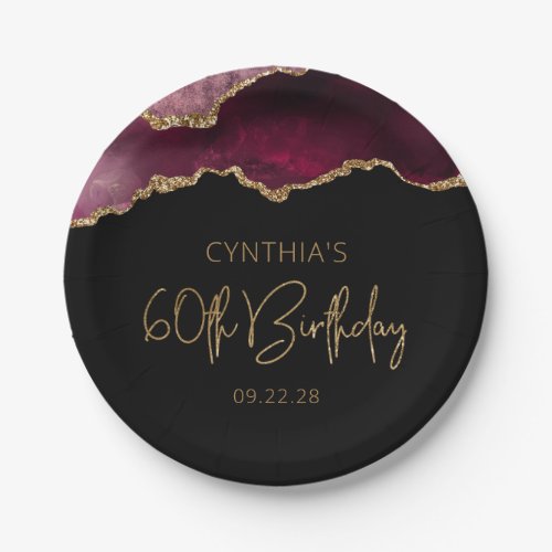 Chic Agate Geode Burgundy Gold 60th Birthday Party Paper Plates