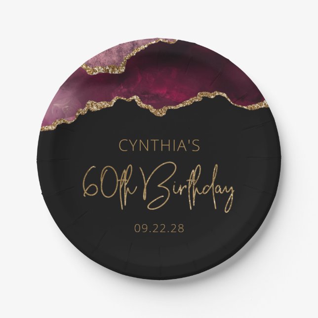 Chic Agate Geode Burgundy Gold 60th Birthday Party Paper Plates (Front)