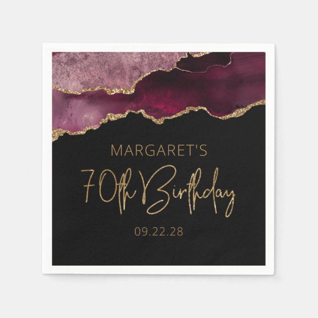 Chic Agate Geode Burgundy Gold 70th Birthday Napkins (Front)