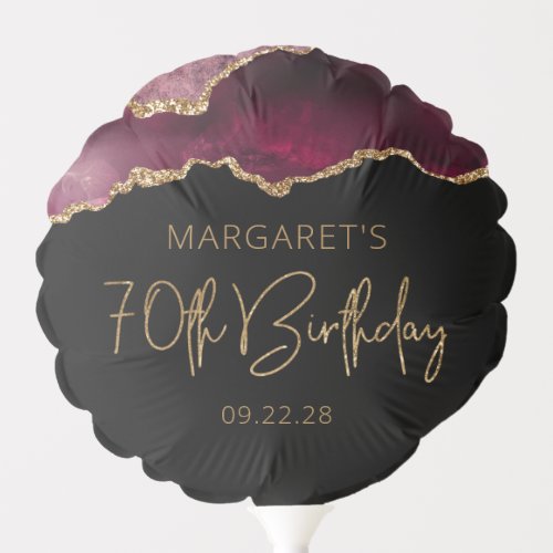 Chic Agate Geode Burgundy Gold 70th Birthday Party Balloon