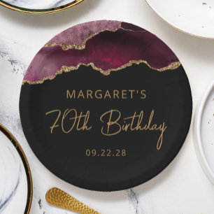 Chic Agate Geode Burgundy Gold 70th Birthday Party Paper Plates
