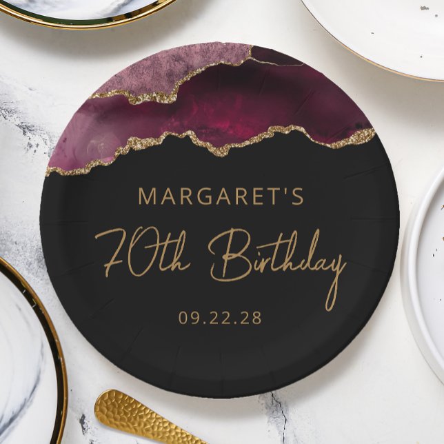 Chic Agate Geode Burgundy Gold 70th Birthday Party Paper Plates (Creator Uploaded)