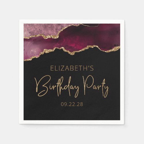 Chic Agate Geode Burgundy Gold Birthday Party Napkins