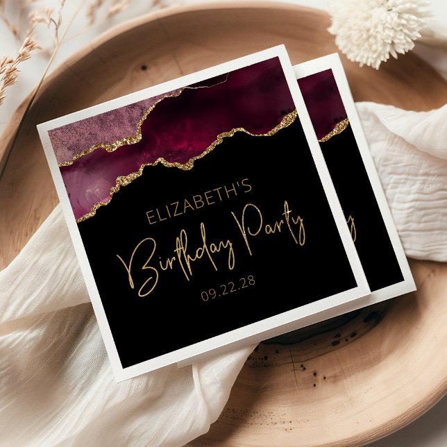 Chic Agate Geode Burgundy Gold Birthday Party Napkins (Creator Uploaded)