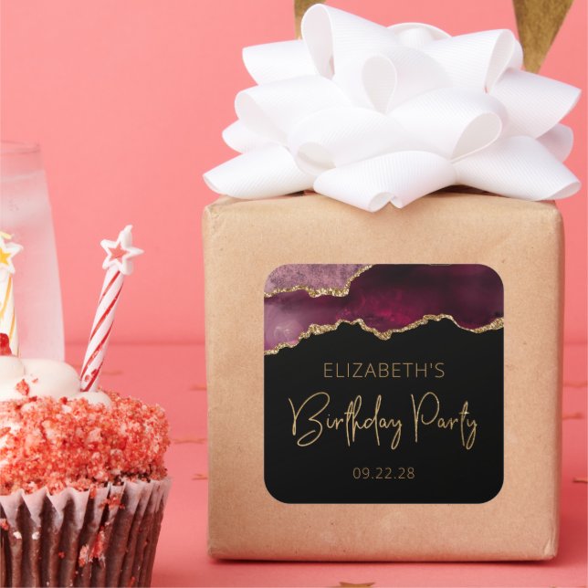 Chic Agate Geode Burgundy Gold Birthday Party Square Sticker (Party)