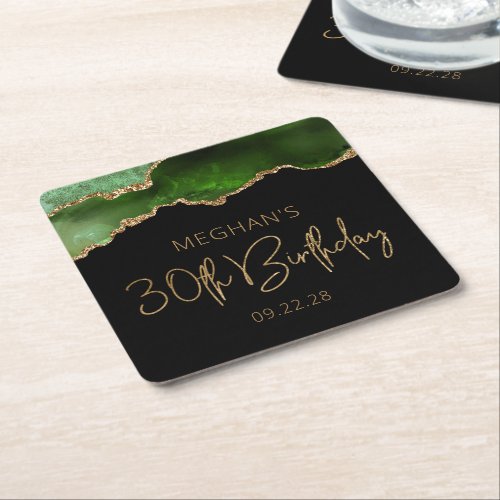 Chic Agate Geode Green Gold 30th Birthday Party Square Paper Coaster