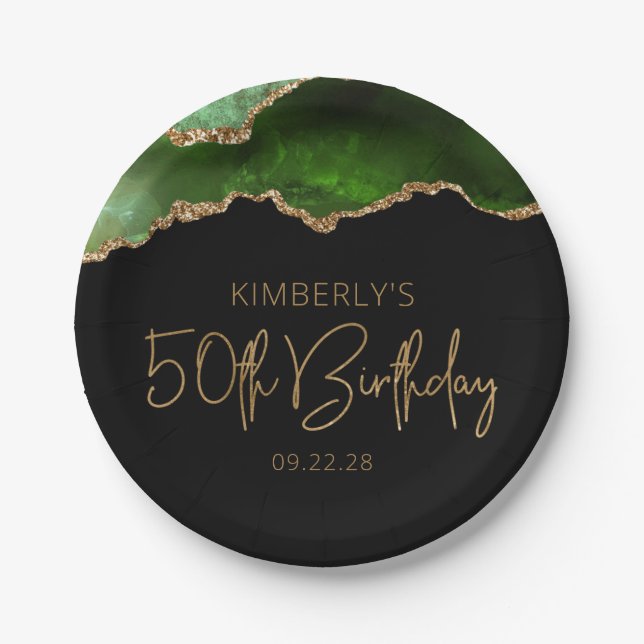 Chic Agate Geode Green Gold 50th Birthday Party Paper Plates (Front)