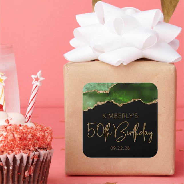 Chic Agate Geode Green Gold 50th Birthday Party Square Sticker (Party)